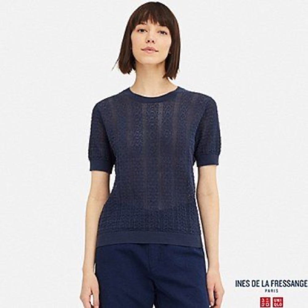 Ines de la Fressange x Uniqlo Blue Pointelle Crew-Neck Top